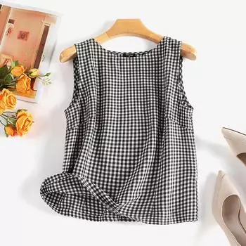 VONDA Summer Women Round Neck Sleeveless Plaid Blouses Tanks Tops M чёрный