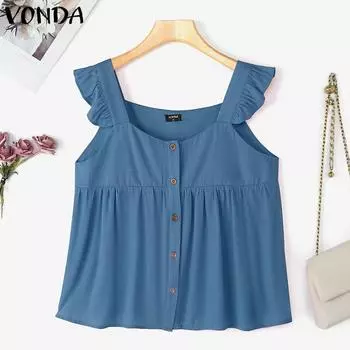 VONDA Summer Women Ruched Sleeveless Buttons Up Tank Tops T-shirts L синий