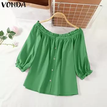 VONDA Summer Women Ruffled Off Shoulder Puff Short Sleeve Solid Color Thin Blouses L зелёный