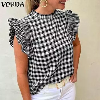 VONDA Summer Women Ruffled Sleeveless Plaid Check Print Casual Tank Tops S чёрный