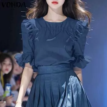 VONDA Summer Women Short Puff Sleeve Ruffled Casual T-shirts Tops Tee S синий