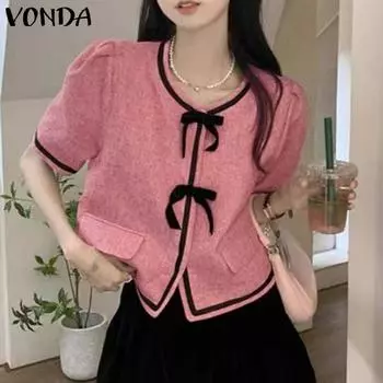 VONDA Summer Women Short Sleeve Bow Knot Stitching Casual Short T-shirts Tops S оранжевый