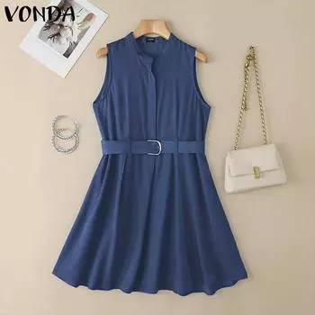VONDA Summer Women Sleeveless Belt Waist Casual Pleated Dress S чёрный