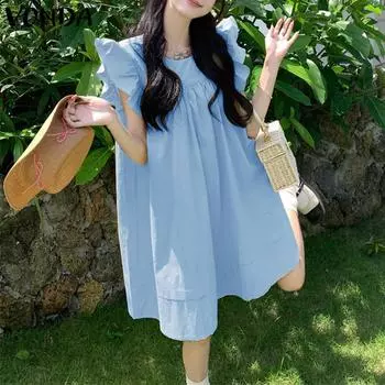 VONDA Summer Women Sleeveless O-Neck Ruffled Solid Casual Loose Tanks Dress Sundress M жёлтый