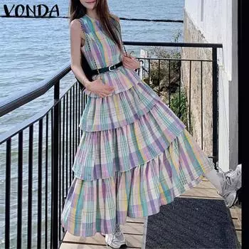 VONDA Summer Women Sleeveless Plaid Print Front Ruffled Patchwork Casual Loose Maxi Dress S розовый