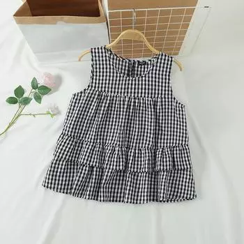 VONDA Summer Women Sleeveless Plaid Print Ruffled Tank Tops T-shirts S чёрный