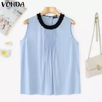 VONDA Summer Women Sleeveless Ruffled Neck Rumple Casual Tank Tops Tee S белый