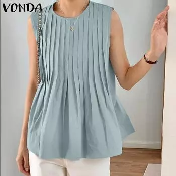 VONDA Summer Women Sleeveless Ruffled Solid Casual Loose Pleated Tank Tops S розовый