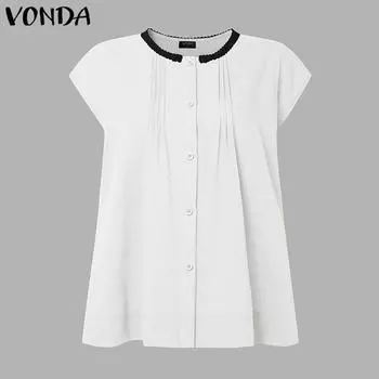 VONDA Summer Women Sleeveless Stitching Pleated Casual Tank Tops S