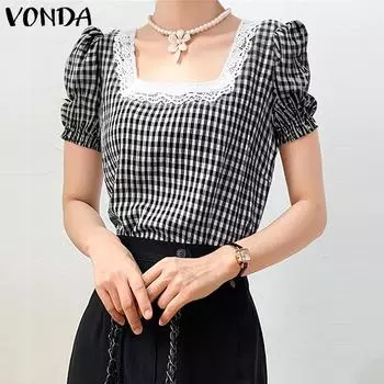 VONDA Summer Women Square Collar Plaid Lace Hem Patchwork Puff Sleeve T-shirts S чёрный