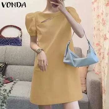 VONDA Summer Women Square Collar Puff Sleeve Striped Casual Pleated Dress S жёлтый