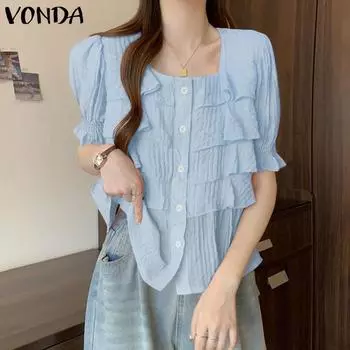 VONDA Summer Women Square Collar Short Sleeve Ruffled Layers Buttons Casual Blouse S синий