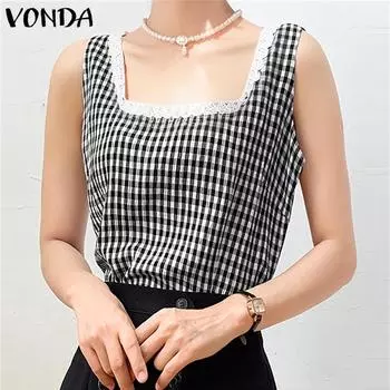 VONDA Summer Women Square Collar Sleeveless Plaid Print Lace Hem Casual Tank Tops S темно-синий
