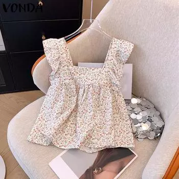 VONDA Summer Women Square Collar Sleeveless Strap Floral Print Ruffled Casual Tank Tops S белый