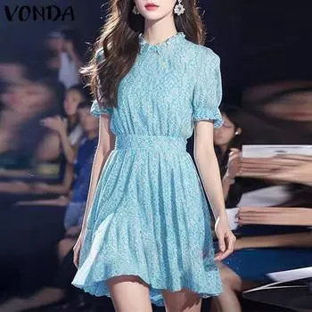 VONDA Summer Women Stand Neck Floral Print Holiday Casual Pleated Dress S синий