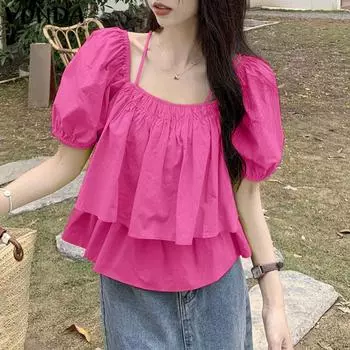VONDA Summer Women Strap Puff Sleeve Double Layer Ruffled Casual Tops Blouse S оранжевый