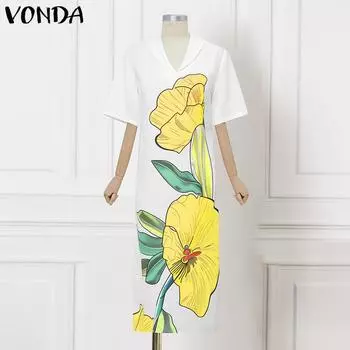 VONDA Summer Women V Neck Half Sleeve Floral Print Back Lace-up Casual Long Dress S жёлтый