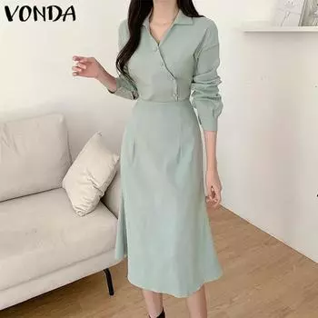 VONDA Весеннее женское длинное платье с V-образным вырезом и талией