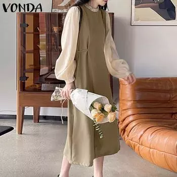 VONDA Весеннее женское свободное платье макси с оборками и круглым вырезом и длинными рукавами