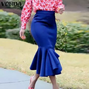 VONDA Весенние женские однотонные тонкие длинные юбки с рюшами 5XL королевский синий