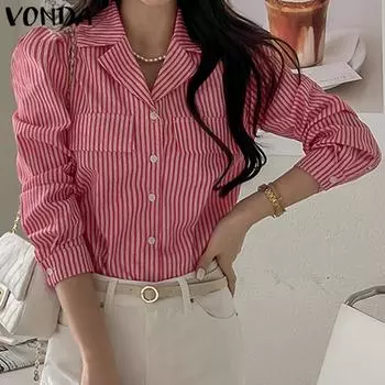 VONDA Весенние женские повседневные рубашки в полоску с длинным рукавом