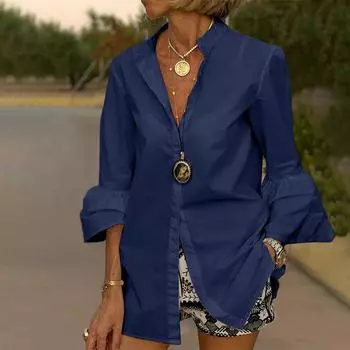 VONDA Весенние женские праздничные рубашки с v-образным вырезом на пуговицах и расклешенными длинными рукавами однотонные топы 5XL тёмно-синий