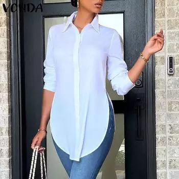VONDA Весенние женские тонкие рубашки с длинными рукавами и нерегулярным подолом