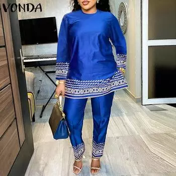 VONDA Весенние женские винтажные комплекты с принтом из 2 предметов с длинными рукавами и длинными брюками M зелёный