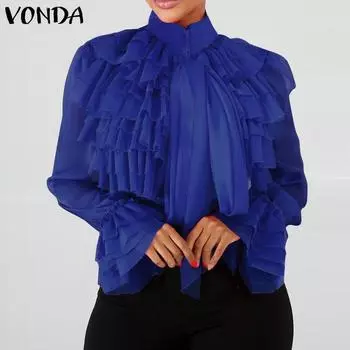 VONDA Весенняя женская мода OL плиссированные рубашки Элегантный воротник-стойка Расклешенный длинный рукав с кружевным бантом Прозрачные однотонные повседневные свободные топы Блузка больших размеров