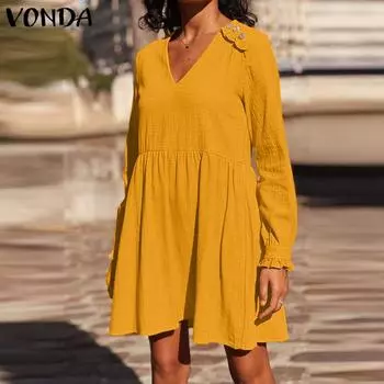 VONDA Винтажное женское вечернее мини-платье с V-образным вырезом и длинными рукавами