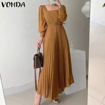 VONDA весеннее женское элегантное плиссированное длинное платье для вечеринок с поясом и длинными рукавами, однотонное с высокой талией M хаки