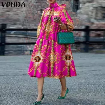 VONDA весеннее женское элегантное вечернее длинное платье с воротником-стойкой и длинными пышными рукавами