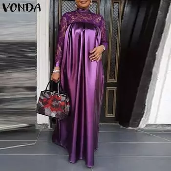 VONDA весеннее женское модное кружевное лоскутное вечернее платье макси с длинными рукавами и воротником-стойкой винтажное плиссированное повседневное свободное длинное платье большого размера