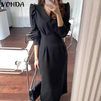 VONDA весеннее женское однотонное длинное платье с v-образным вырезом и длинными рукавами S хаки