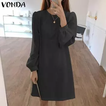 VONDA весеннее женское однотонное свободное мини-платье с пышными рукавами большого размера