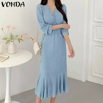 VONDA весеннее женское плиссированное длинное платье на шнуровке