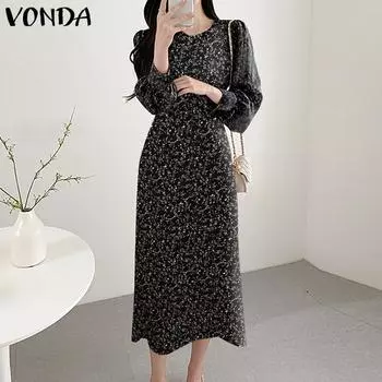VONDA весеннее женское повседневное элегантное свободное длинное платье с цветочным принтом