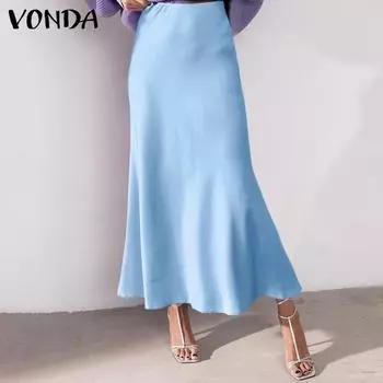 VONDA весенние женские элегантные однотонные облегающие длинные юбки с высокой талией и оборками по подолу