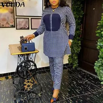 VONDA весенние женские клетчатые комплекты из 2 предметов, топы с длинными рукавами, длинные брюки