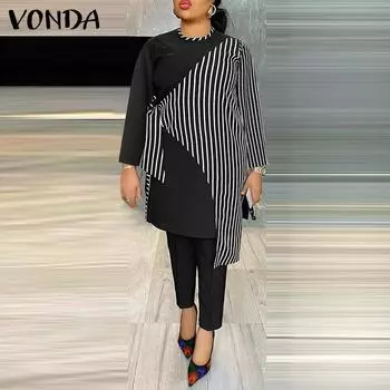 VONDA весенние женские комплекты из 2 предметов, полосатые топы с нерегулярным подолом, длинные брюки с эластичной резинкой на талии S темно-синий