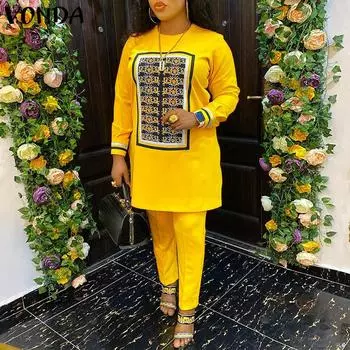 VONDA весенние женские комплекты из 2 предметов с принтом, топы с длинными рукавами, длинные брюки 5XL оранжевый