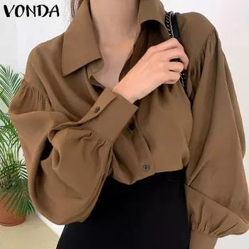 VONDA весенние женские модные плиссированные рубашки с пышными рукавами и длинными рукавами, повседневная свободная блузка с воротником с лацканами на пуговицах, топы больших размеров
