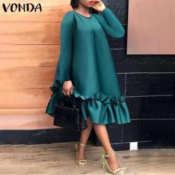 VONDA, весенние женские модные вечерние длинные платья с рюшами по подолу, однотонные повседневные платья с длинными рукавами, свободное платье макси, Vestido, большие размеры L жёлтый