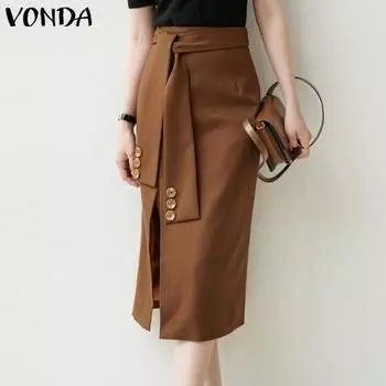 VONDA весенние женские однотонные длинные юбки со шнуровкой и разрезом