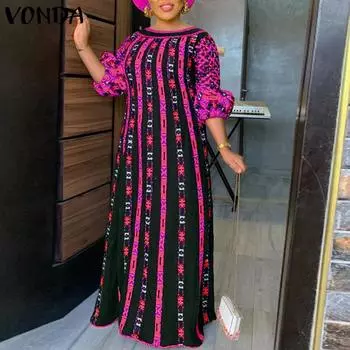 VONDA весенние женские вечерние длинные платья с принтом и пышными рукавами элегантное платье макси больших размеров