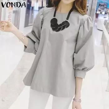 VONDA, весенняя женская модная плиссированная блузка с рукавами-фонариками, топы, повседневные мешковатые футболки с круглым вырезом, однотонные футболки размера плюс