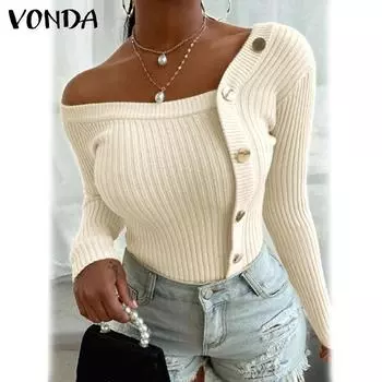 VONDA Женская осенняя мода с V-образным вырезом и длинным рукавом, трикотажные полосатые теплые блузки M чёрный