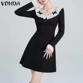 VONDA Women Autumn Lace Round Neck Long Sleeve Dresses S чёрный