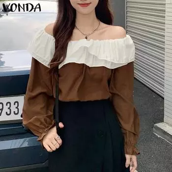 VONDA Женские осенние многослойные блузки с открытыми плечами и длинными рукавами S чёрный