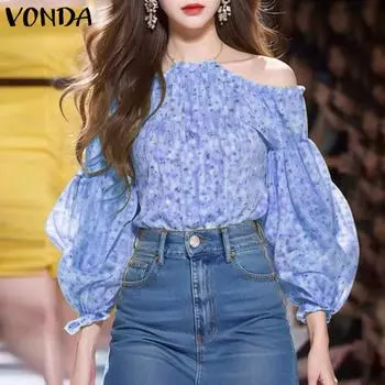 VONDA Women Autumn Off Shoulder Puff Long Sleeve Floral Print Blouses S жёлтый